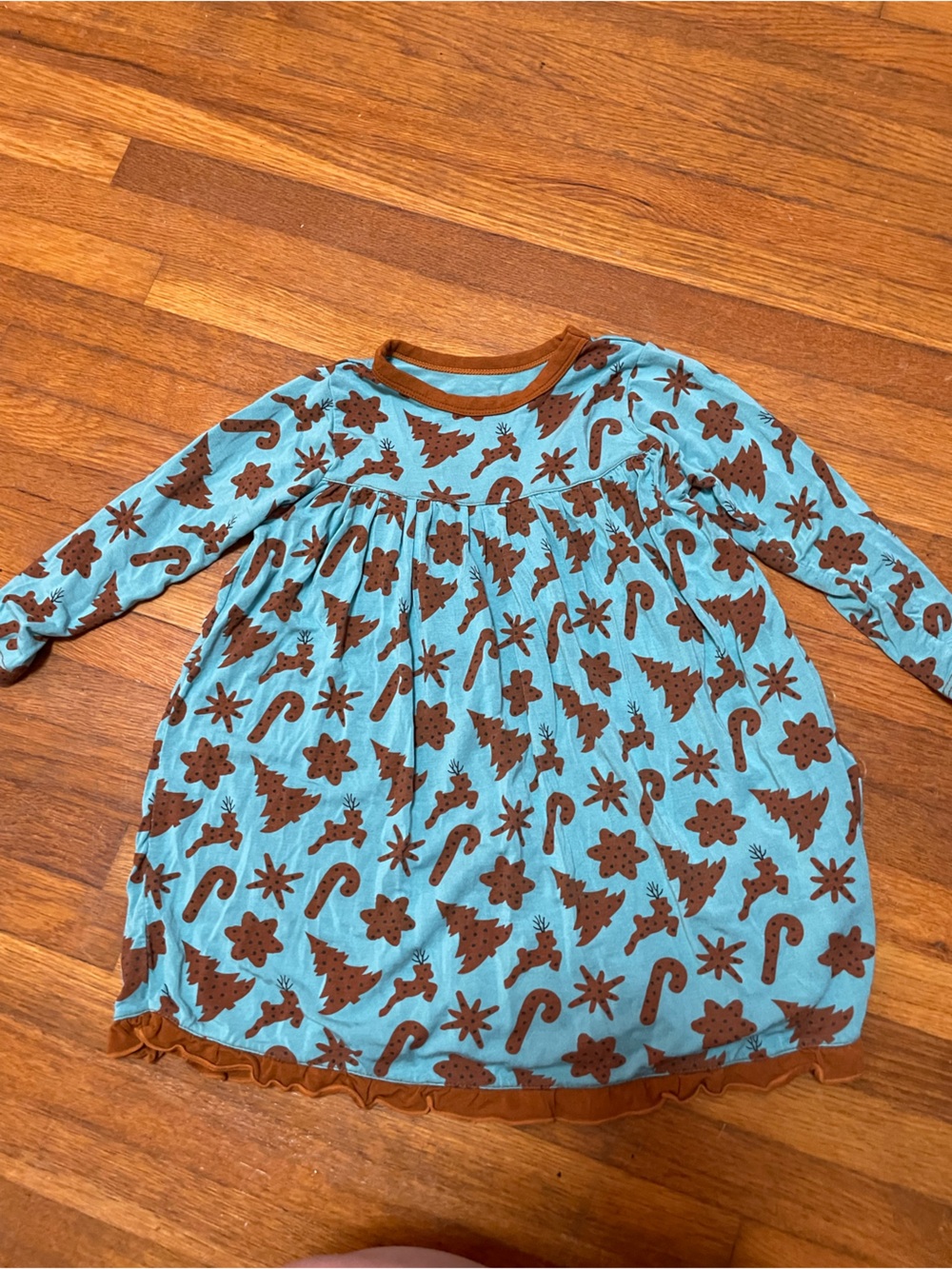 KicKee pants bamboo brown and blue Christmas cookie pattern infant dress